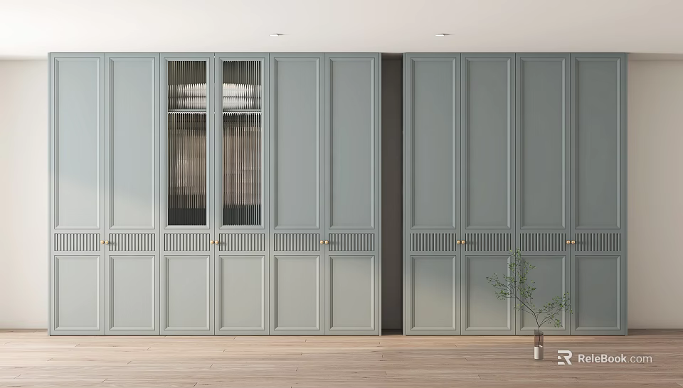 Light Gray Modern Wardrobe With Lattice Design Glass Doors In Wooden Flooring Interior 3d model 