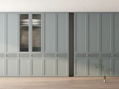 Light Gray Modern Wardrobe With Lattice Design Glass Doors In Wooden Flooring Interior 3d model