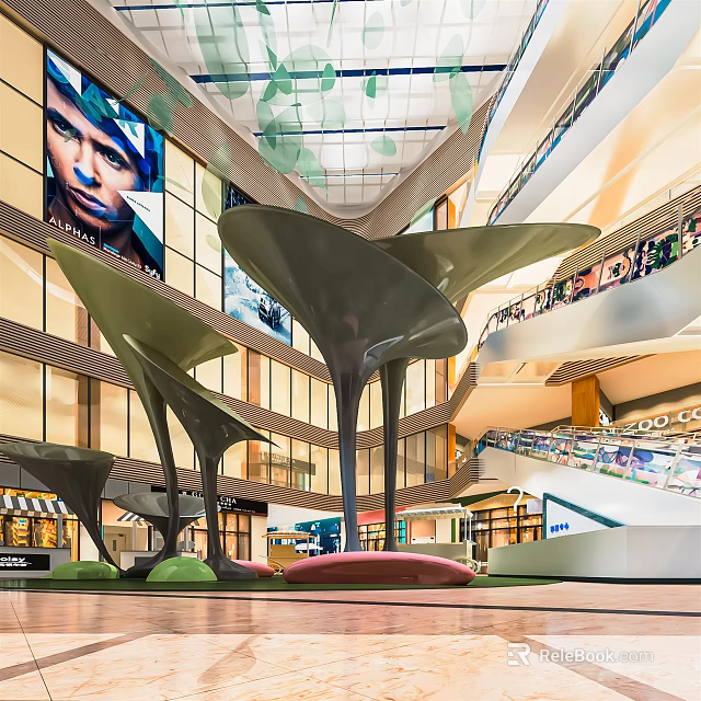 Shopping Mall Atrium Interior Design with Large Sculptural Elements Multiple Floors Glass Windows 3d model 