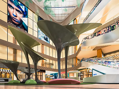 Shopping Mall Atrium Interior Design with Large Sculptural Elements Multiple Floors Glass Windows 3d model