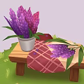 Purple Pink Lavender Flowers In Vase On Wooden Table With Checkered Cloth And Green Grass