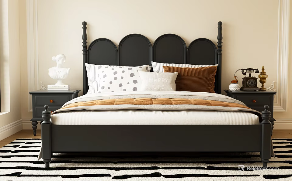 Classic Double Bed With Black Headboard Patterned Pillows Side Tables Sculpture Vintage Phone On Striped Rug 3d model 