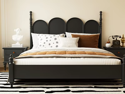 Classic Double Bed With Black Headboard Patterned Pillows Side Tables Sculpture Vintage Phone On Striped Rug 3d model
