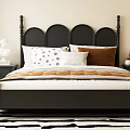 Classic Double Bed With Black Headboard Patterned Pillows Side Tables Sculpture Vintage Phone On Striped Rug
