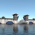 Traditional Chinese Waterfront Architecture With Pagoda Towers And Bridge Reflection