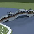 Traditional Chinese Bridge With Pavilions And Arch Structure Over Scenic Water Landscape