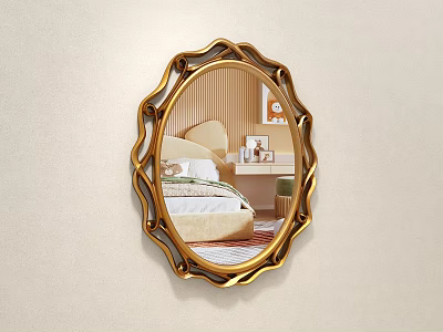 Oval Gold Framed Mirror Reflecting Bedroom Scene with Bed Nightstand Desk Chair and Striped Wall 3d model