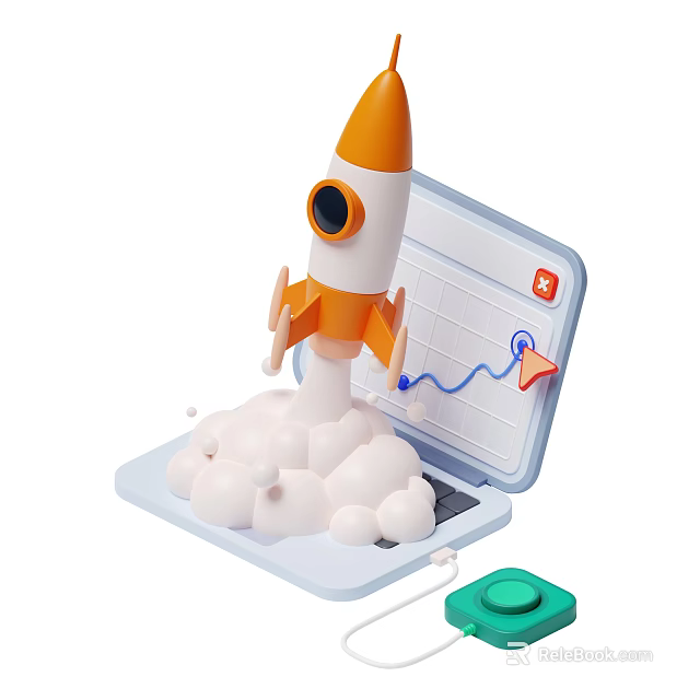 Laptop With Orange Rocket Launching From Clouds Upward Arrow Chart And Growth Trend 3d model 