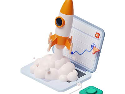 Laptop With Orange Rocket Launching From Clouds Upward Arrow Chart And Growth Trend 3d model