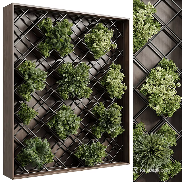 Green Living Wall With Grid Structure And Various Plants 3d model 