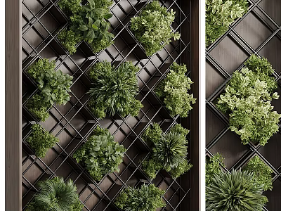 Green Living Wall With Grid Structure And Various Plants 3d model