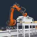 Automated Industrial Robotic Arm Handling Wooden Boxes On Conveyor Belt System