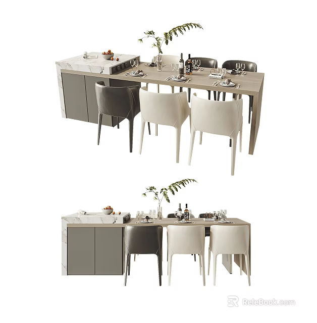 Modern Dining Table Set With Mixed Color Chairs And Tableware Decorations 3d model