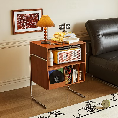 Wooden Side Table With Metal Frame Lamp Books And Retro Radio In Living Room 3d model