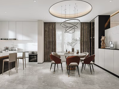Elegant Modern Restaurant Interior With Dining Table Chairs Chandelier And Cabinets 3d model
