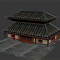 Cartoon Scene of Chinese Two Story Building Red Doors Gray Tile Roof and Stone Platform