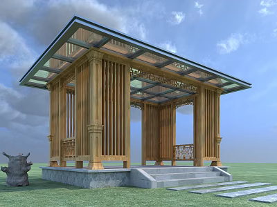 Traditional Wooden Pavilion With Glass Roof And Stone Ox Sculpture On Grassland 3d model