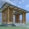 Traditional Wooden Pavilion With Glass Roof And Stone Ox Sculpture On Grassland