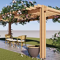 Pergola Adorned With Green Vines Pink Flowers And Golden Chairs On Stone Paved Lawn