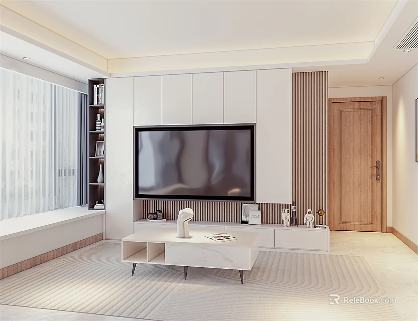Modern Living Room TV Background Cabinet With White Wooden Strip Design And Bookshelf 3d model 