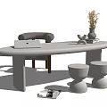 Modern White Oval Desk Featuring Laptop Vase Dried Flowers Gray Chair and Round Stools