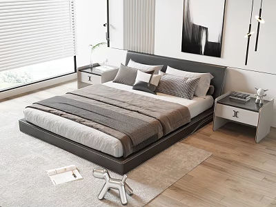Modern Double Bed with Gray Upholstered Frame and Layered Bedding in Minimalist Bedroom with Nightstands 3d model
