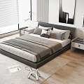 Modern Double Bed with Gray Upholstered Frame and Layered Bedding in Minimalist Bedroom with Nightstands