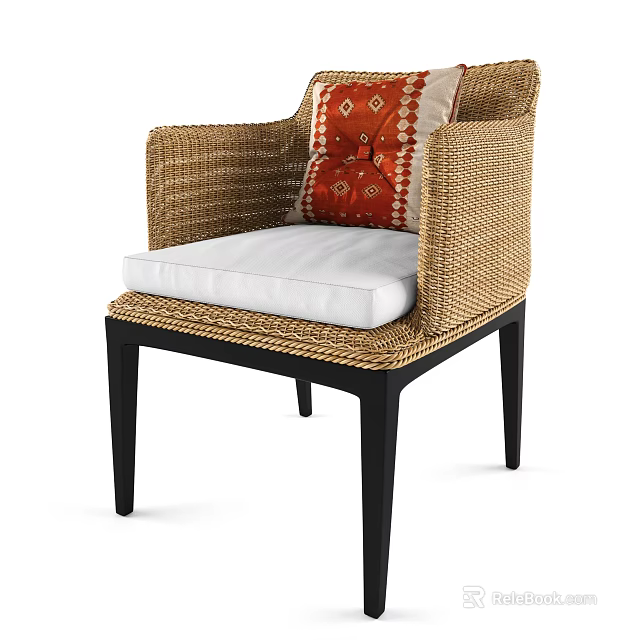 Stylish Wicker Armchair With Black Legs White Cushion And Red Patterned Pillow 3d model 