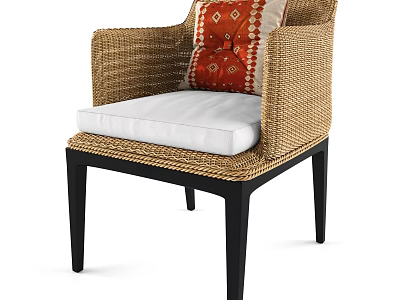 Stylish Wicker Armchair With Black Legs White Cushion And Red Patterned Pillow 3d model
