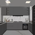 Modern Kitchen Featuring Gray Cabinets Marble Countertop Black Appliances And Window Blinds