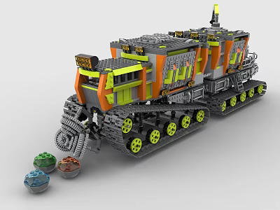 Building Blocks Snowmobile with Tracks in Orange Green Gray Mechanical Structure and Spheres 3d model