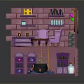 Witchs Room Interior With Pink Brick Walls Round Window Purple Armchairs Bookshelf Ladder And Cauldron