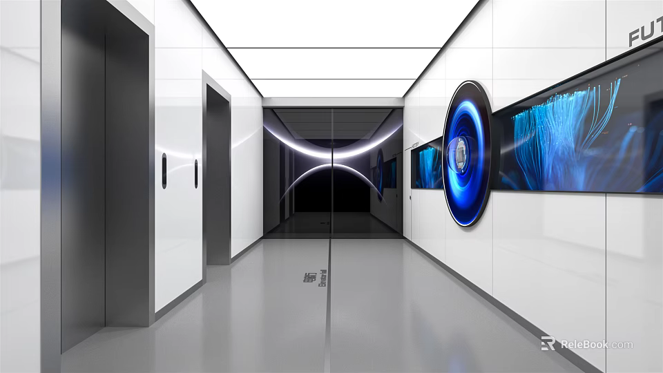 Modern Elevator Hallway With White Walls Elevator Doors Recessed Lighting And Circular Decor 3d model