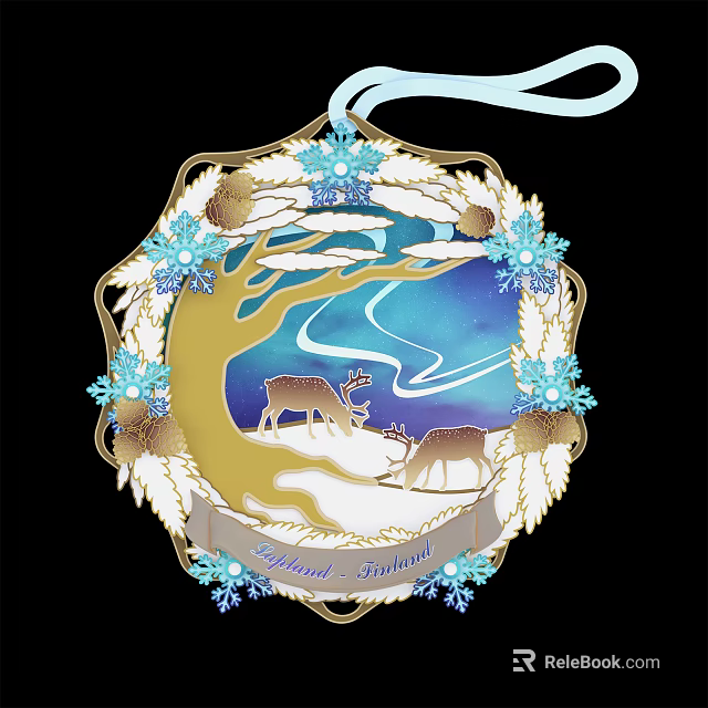 Decorative Wall Ornament With Golden Frame Blue Snowflakes Tree And Deer In Snowy Holiday Scene 3d model 