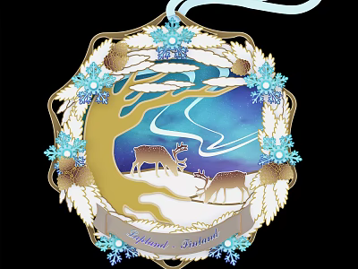 Decorative Wall Ornament With Golden Frame Blue Snowflakes Tree And Deer In Snowy Holiday Scene 3d model