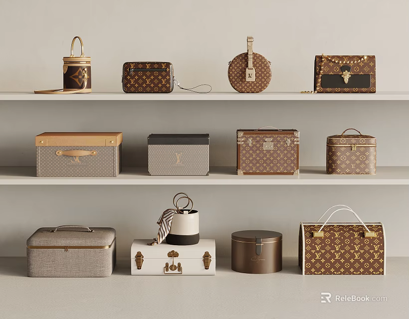 Various Designer Boxes and Bags with Stylish Patterns and Different Shapes on Shelves 3d model 