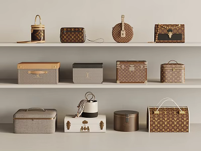 Various Designer Boxes and Bags with Stylish Patterns and Different Shapes on Shelves 3d model