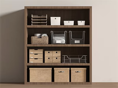 Wooden Multi Tiered Storage Cabinet With Wire Baskets Fabric Boxes And Organizers 3d model