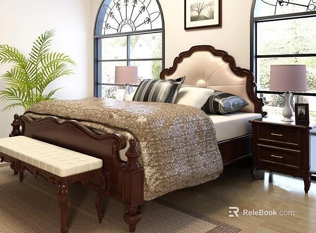 Double Bed With Upholstered Headboard Wooden Frame Gold Quilt Decorative Pillows And Nightstand Lamps 3d model 