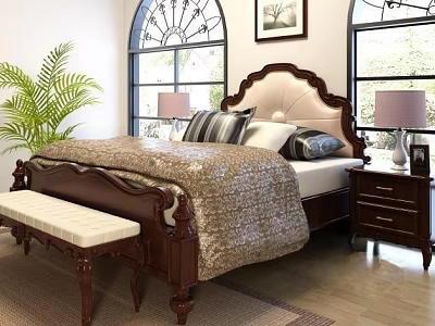 Double Bed With Upholstered Headboard Wooden Frame Gold Quilt Decorative Pillows And Nightstand Lamps 3d model