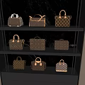Luxury Designer Handbags Display On Black Shelves With Multiple Classic Patterns And Styles