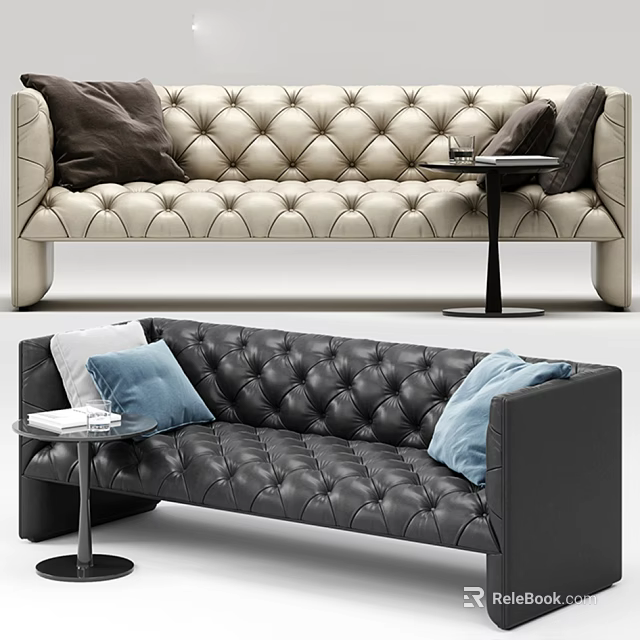 Tufted Multi Seater Sofa With Beige Black Leather Cushions And Side Table 3d model