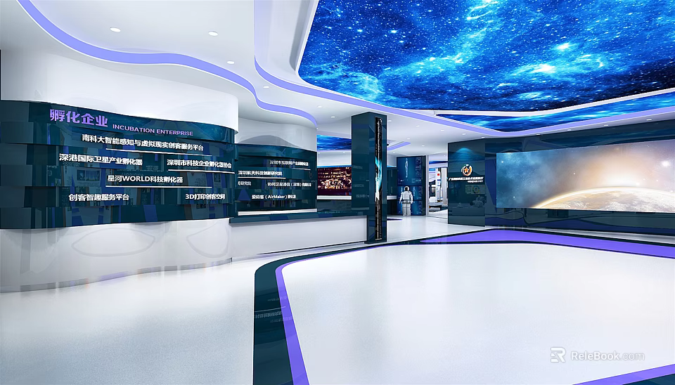 Modern Exhibition Hall Interior With Starry Sky Ceiling Display Cabinets And Screens 3d model 