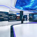 Modern Exhibition Hall Interior With Starry Sky Ceiling Display Cabinets And Screens
