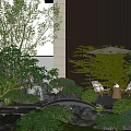 Modern Courtyard Garden With Stone Path Water Stream Green Plants Leisure Seats And Lighting