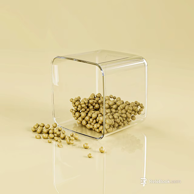 Ceramic Cube Container Filled With Yellow Granules And Scattered Beads On Light Background 3d model 