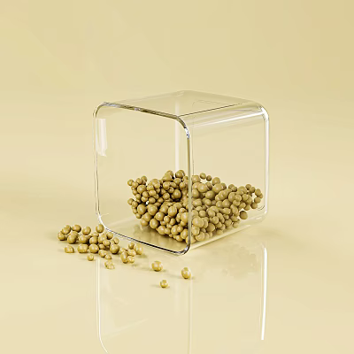 Ceramic Cube Container Filled With Yellow Granules And Scattered Beads On Light Background 3d model