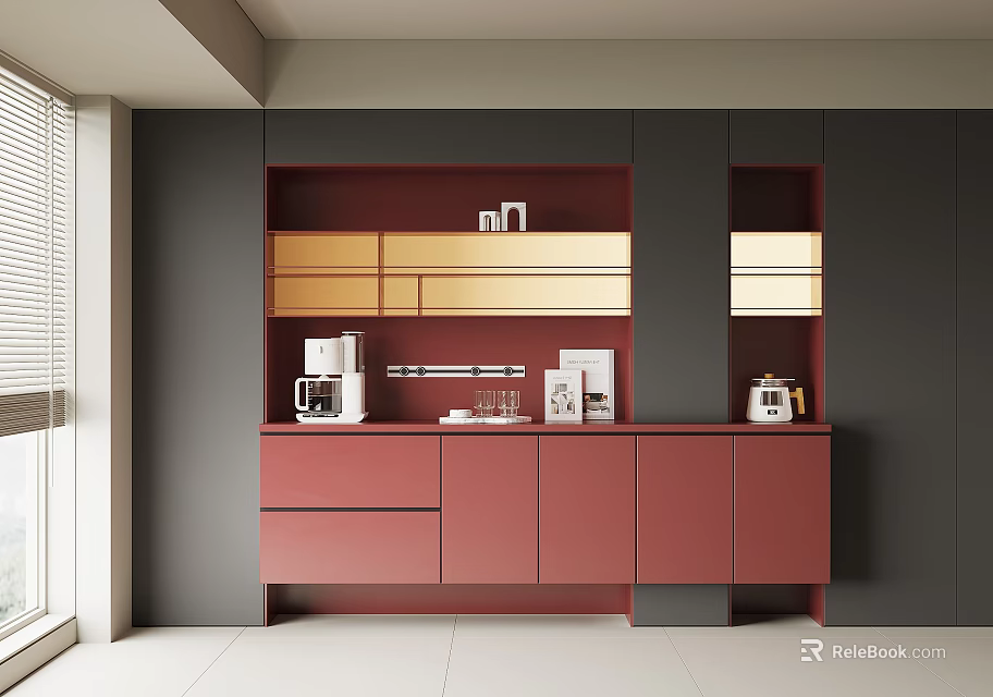 Elegant Modern Sideboard In Pink With Drawers Open Shelves And Coffee Machine 3d model 