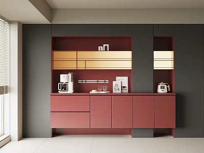 Elegant Modern Sideboard In Pink With Drawers Open Shelves And Coffee Machine 3d model