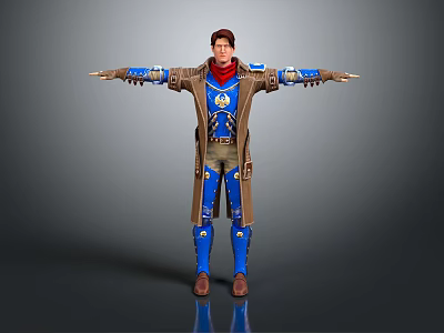 Fantasy Character In Blue Brown Mechanical Armor With Creature Inspired Design Arms Outstretched 3d model